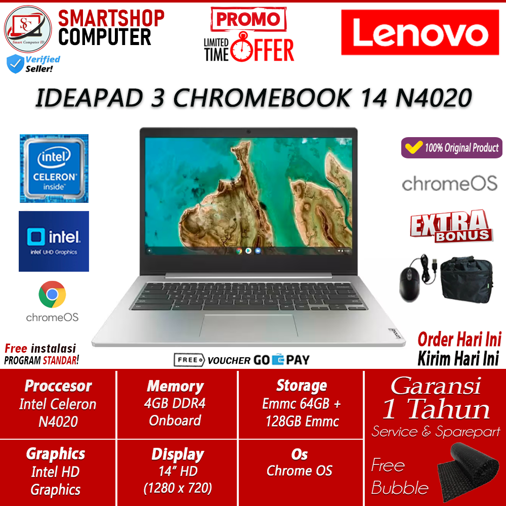 Lenovo Ideapad 3 Chromebook 14 Intel N4020 4GB 64GB + 128GB 14 Chrome OS Platinum Grey