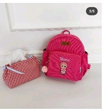 Baglist Tas Anak PAUD TK kids balita ransel sekolah backpack polos botol minum warna pink custom nama bordir inisial gambar kartun karakter name