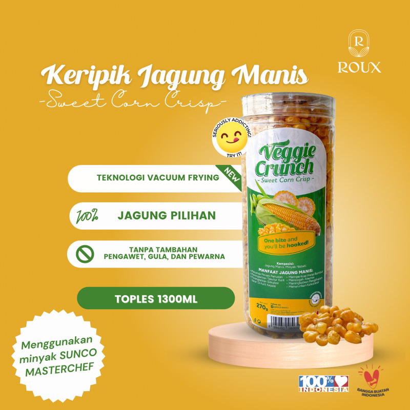 

VEGGIE CRUNCH KERIPIK JAGUNG MANIS PREMIUM TOPLES 1300ml ENAK RENYAH GURIH NAGIH MANIS TANPA TAMBAHAN GULA SEHAT HEALTHY SNACK