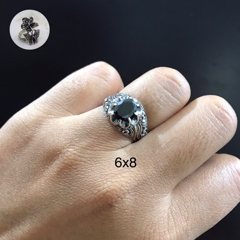 cincin perak pria permata black onix ukiran bali