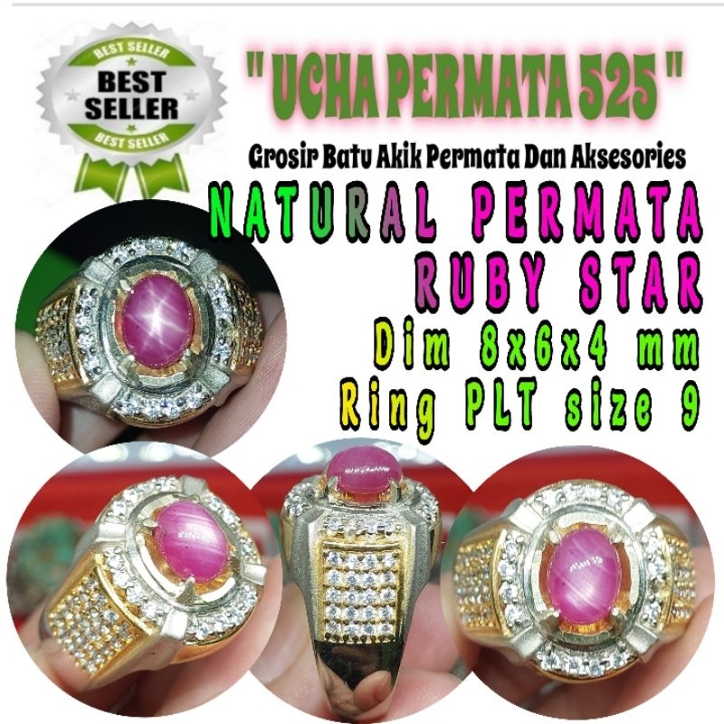cincin ruby star / asli natural batu akik permata rubi star