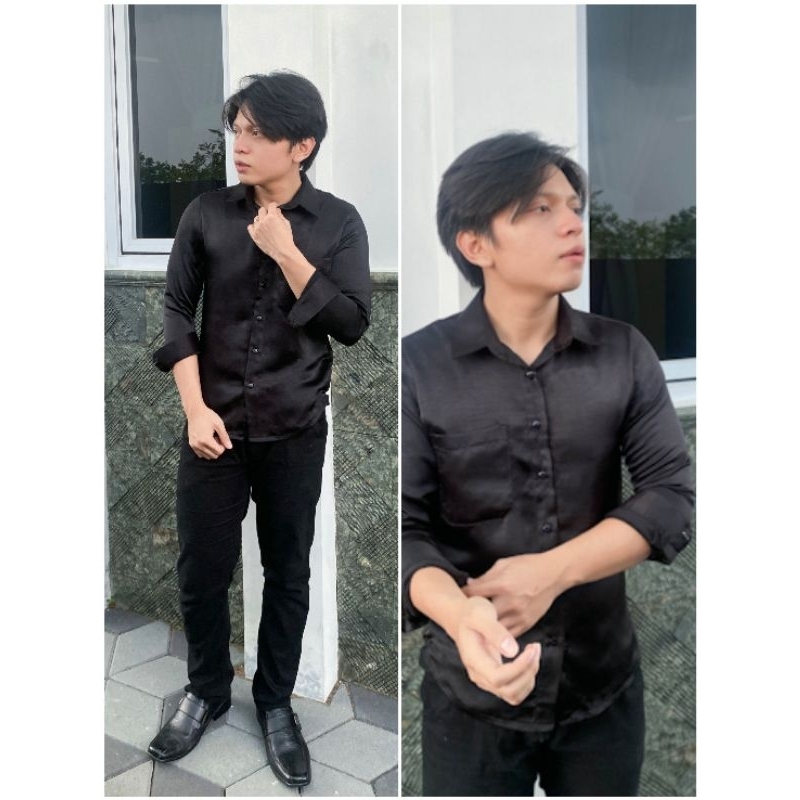 Kemeja Satin Kondangan Wisuda Muslim Lebaran Pesta Hitam Pria