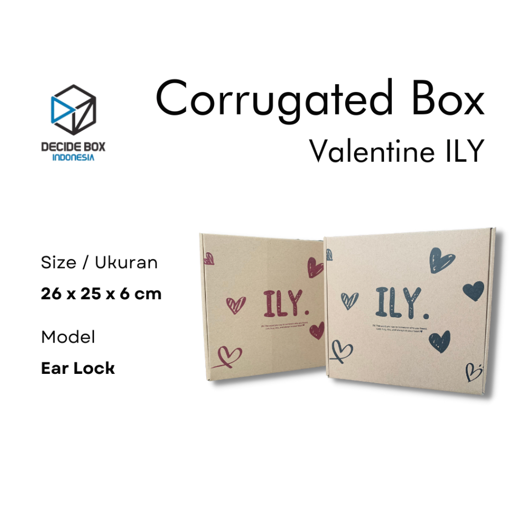 

Decide Box Indonesia - Kardus / Corrugated Box Ear Lock Die Cut Model Valentine ILY / Kotak Kado Hampers Valentine ILY Untuk Pasangan Model Ear Lock.