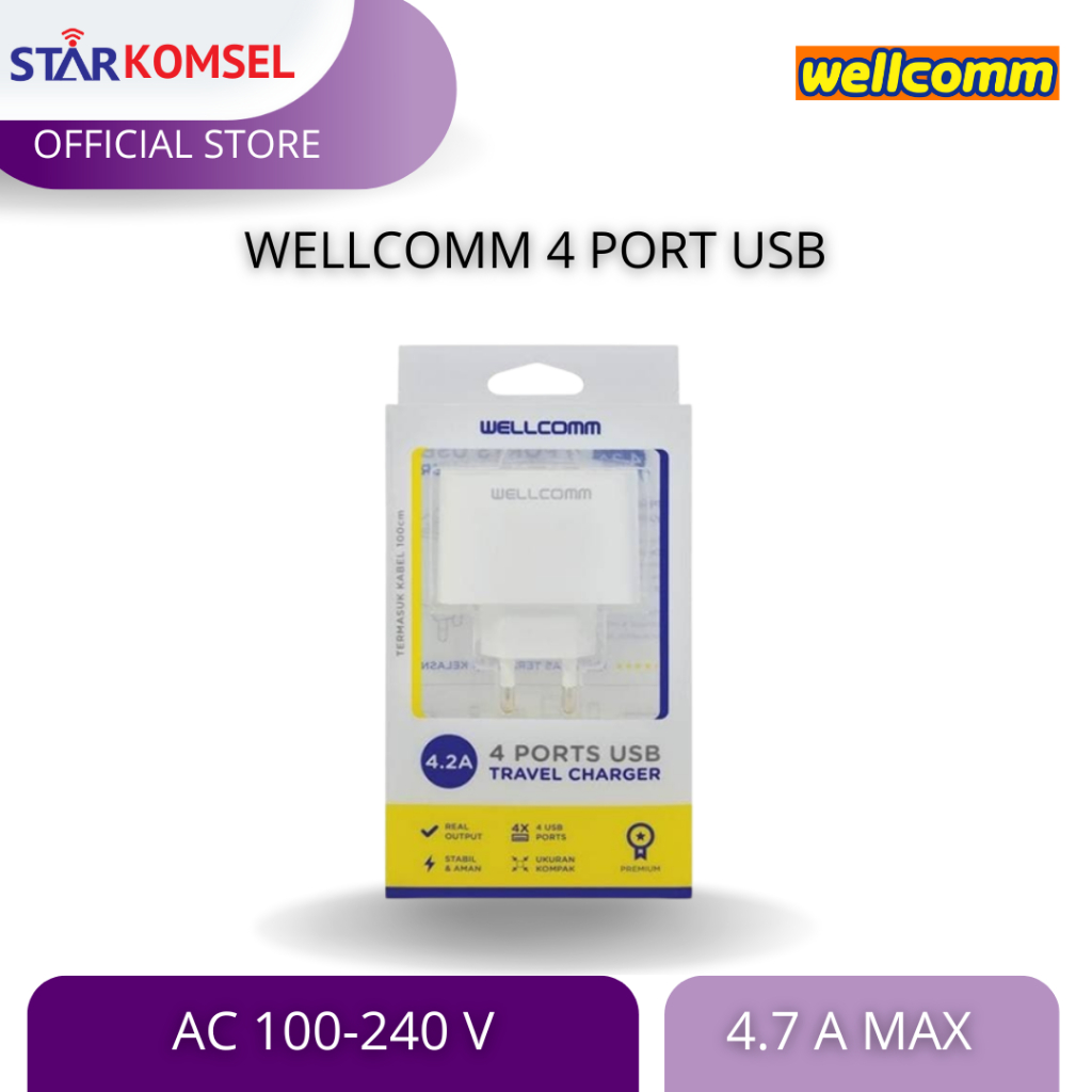 TRAVEL CHARGER WELLCOMM 4 PORT USB (TANPA KABEL/CASAN/CAS HP/ 4 MATA)