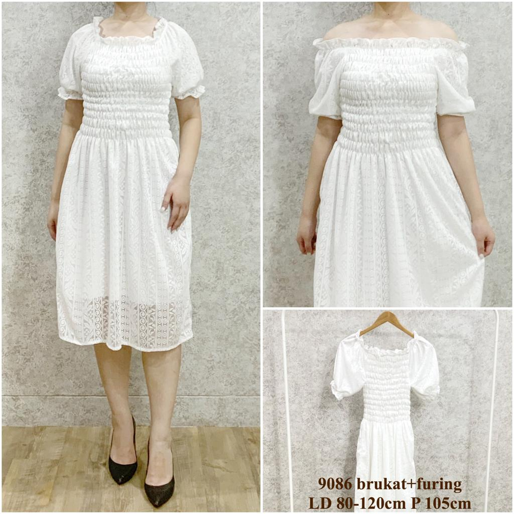 Pakaian Wanita / Dress Pesta / Gaun Pesta / Baju Natal / Dress Renda Brukat Putih Plisket Free Belt 