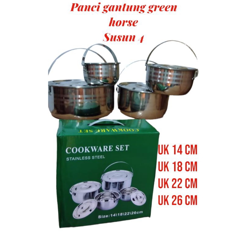 panci gantung stainless steel green horse susun 4(14cm,18cm,22cm dan 26cm)/panci set 4(ukuran 14cm,1