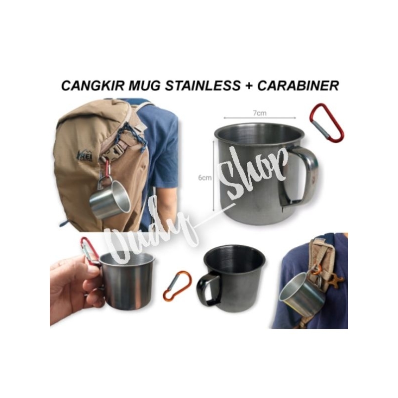 Cangkir Mug Stainless Mini plus Carabiner Gelas Camping Hiking