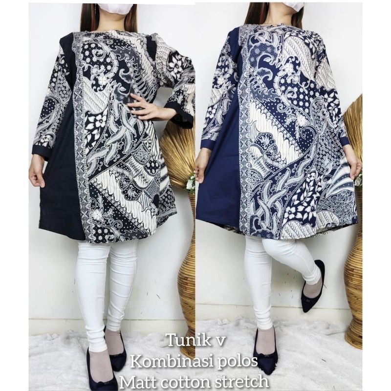 TUNIK BATIK STRECH/TUNIK BATIK BAHAN KATUN STRECH/TUNIK BATIK KOMBINASI POLOS/TUNIK BATIK KEKINIAN