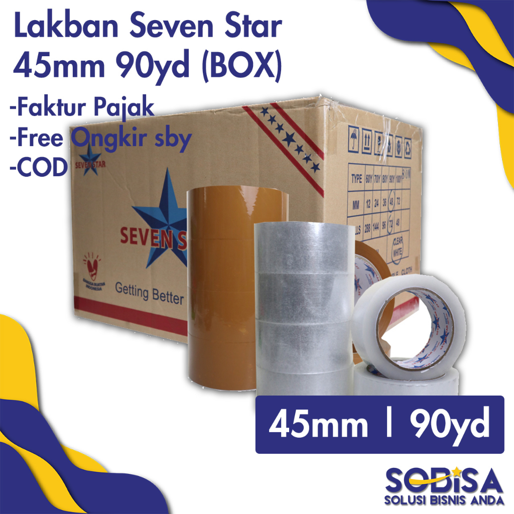 

Lakban Bening Coklat Seven Star 45mm 90yd 2inch 72pcs 1 BOX 1 DUS