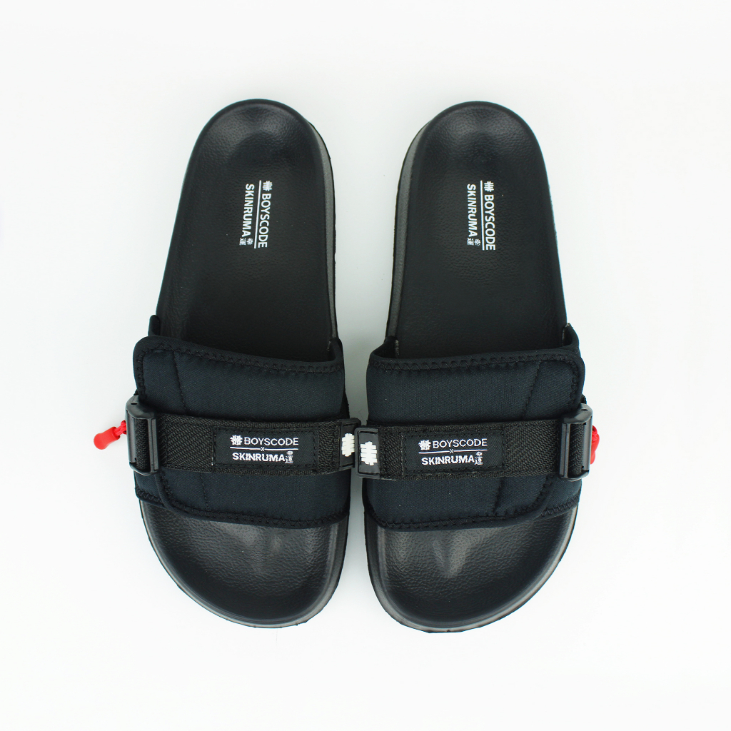 Sendal Selop Karet Strap Distro Pria Wanita BOYSCODE SATOSHI Hitam / Sendal Slop / Sendal Slide / Sendal Slip On