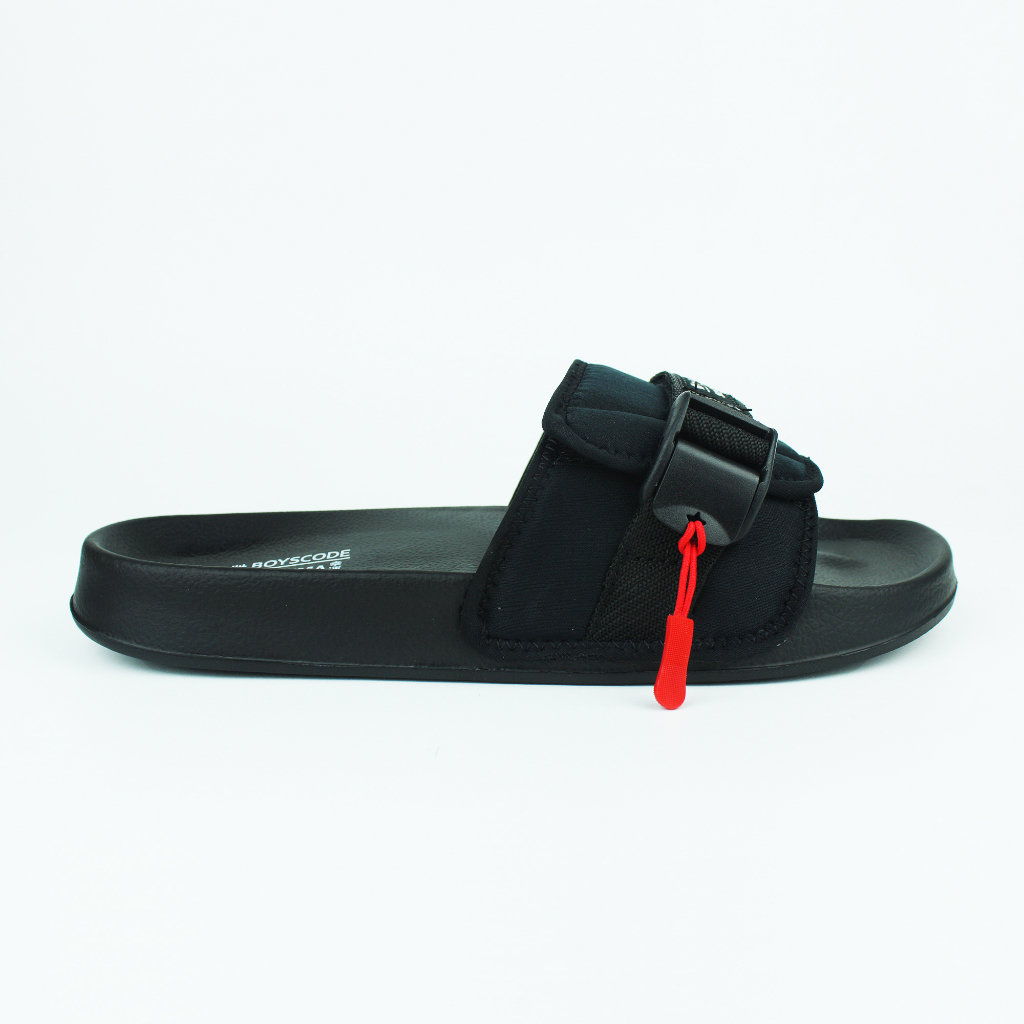 Sendal Selop Karet Strap Distro Pria Wanita BOYSCODE SATOSHI Hitam / Sendal Slop / Sendal Slide / Sendal Slip On