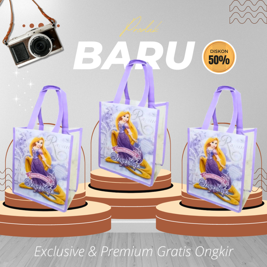 

Premium Bag Tas Ultah Rapunzel / Rapunsel Ungu Muda / Tas Mika Terbaru Tas Anak Souvenir Custom Spunbond