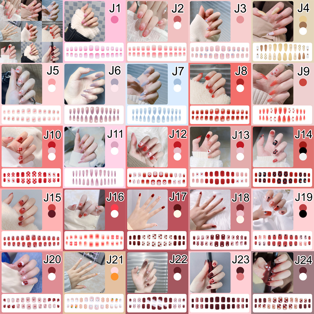 J24 Kuku Palsu Polos Bening Pendek dan Panjang Fake Nails Aesthetic + Lem