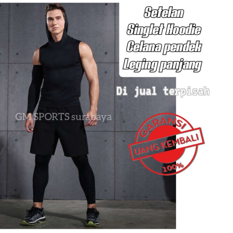 Set Olahraga Pria Singlet Hoodie, Celana Legging Panjang Dan Celana Pendek Sport Pria