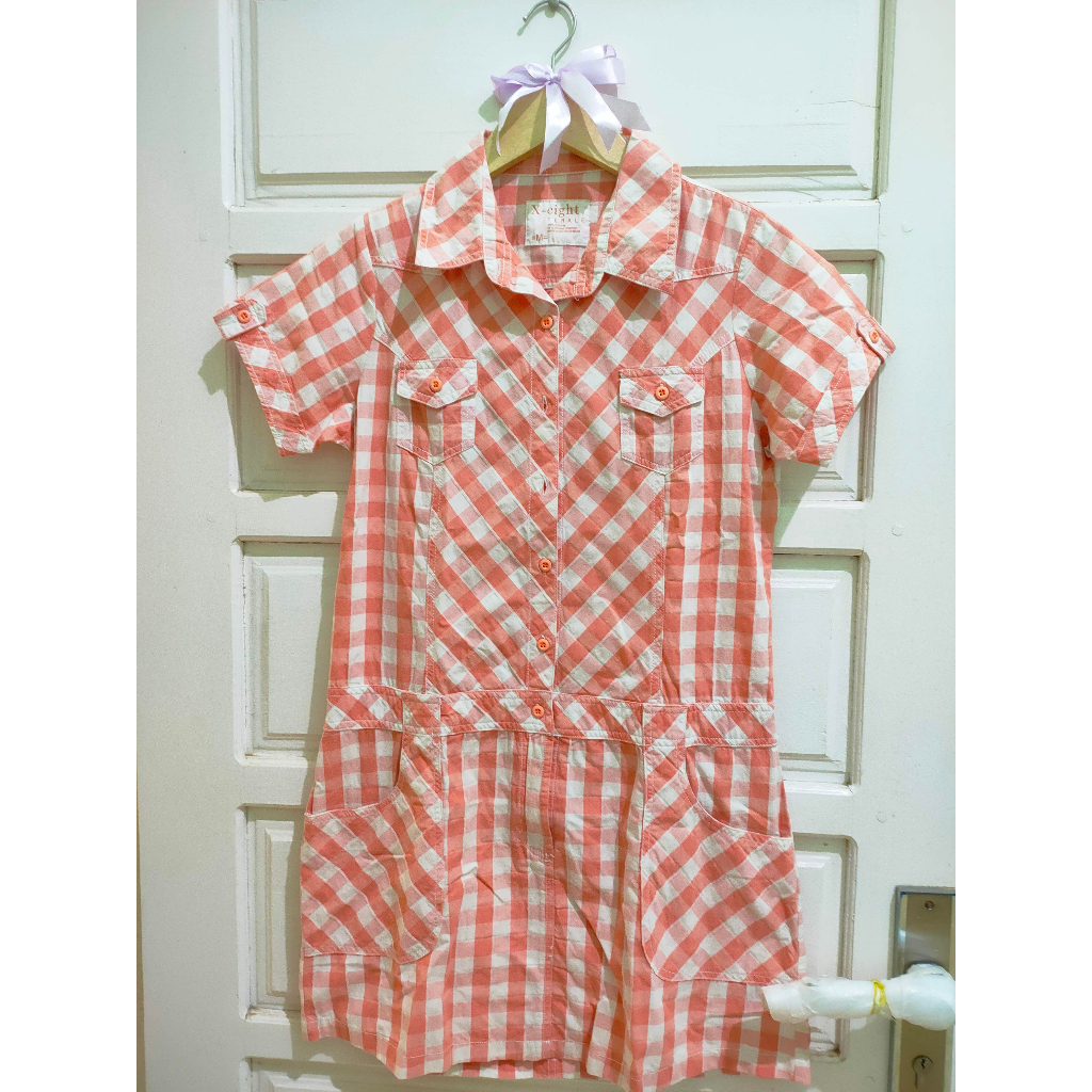 [PRELVD] DRESS KEMEJA MERK X-EIGHT || X8 Kotak orange unik tartan women dress woman dres terusan wan