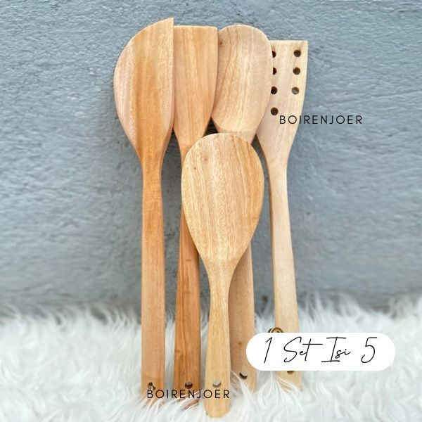 Spatula Kayu Set Isi 5 / Sutil / Irus / Centong Masak Kayu Mahoni Panjang Kuat