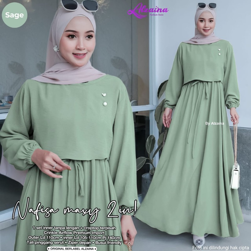 Alzaina gamis nafisa maxy set 2in1 dress | crinkle inner tanpa lengan outer crop top terpisah