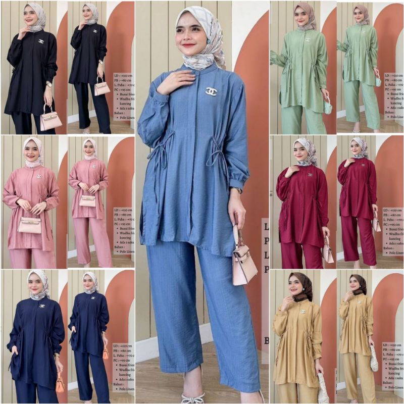 One Set Tiara Setelan Tunik Celana Panjang Polos Wanita Full Kancing