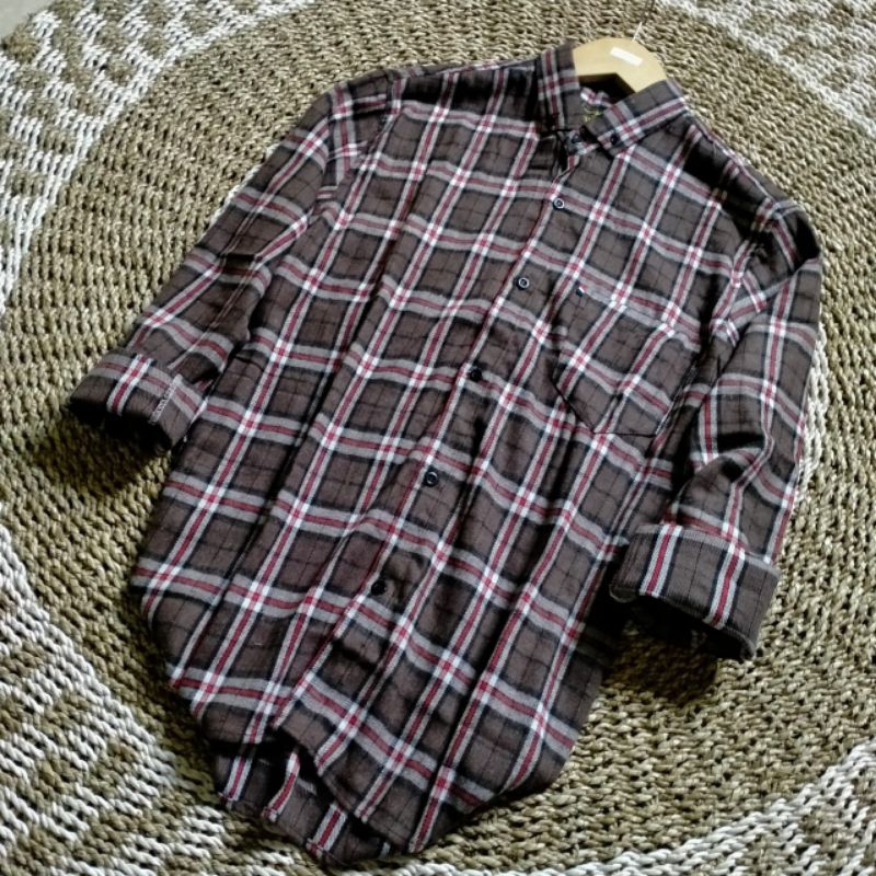 COKLAT GARIS MAROON kemeja flanel pria lengan panjang motif kotak-kotak kwualitas premium flanel ter