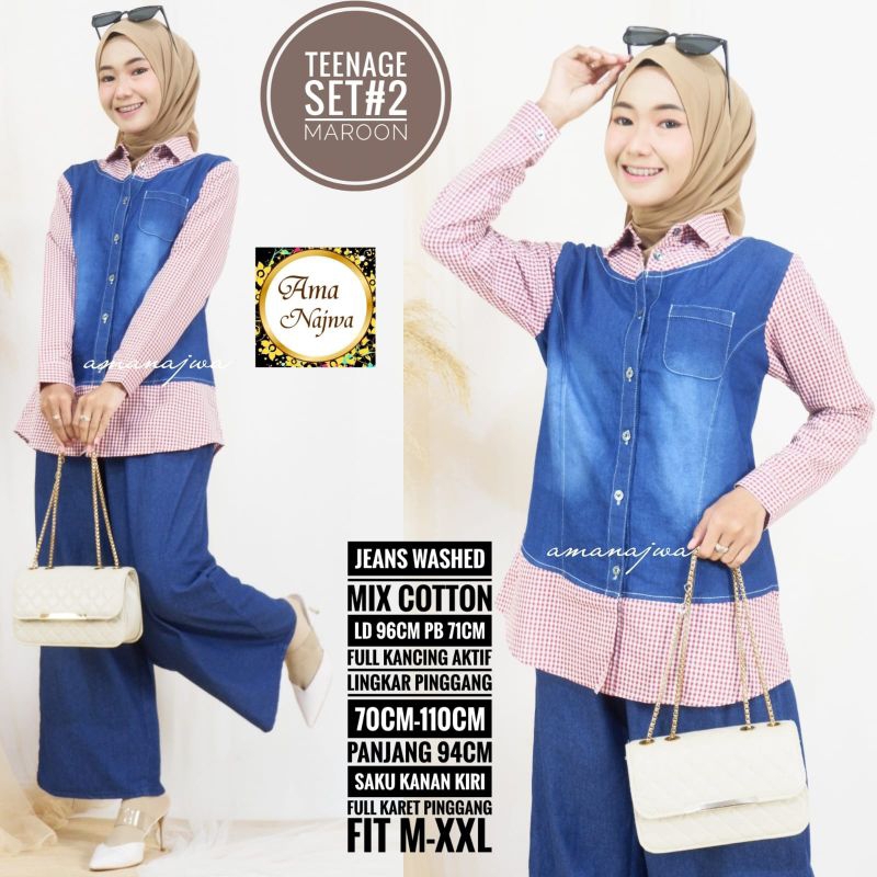 Set Queena set jeans wash set kulot wanita dewasa terbaru