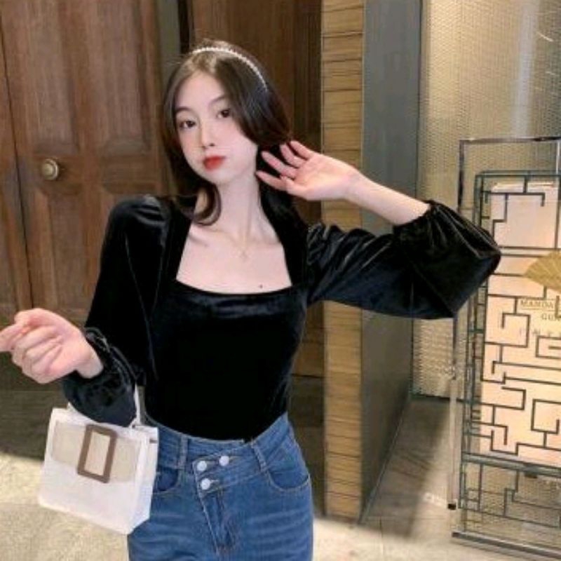 Korean blouse top square neck velvet/bludru