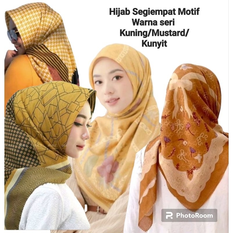 Hijab Segiempat Motif Seri Warna Kuning/Mustard/Kunyit/Lemon