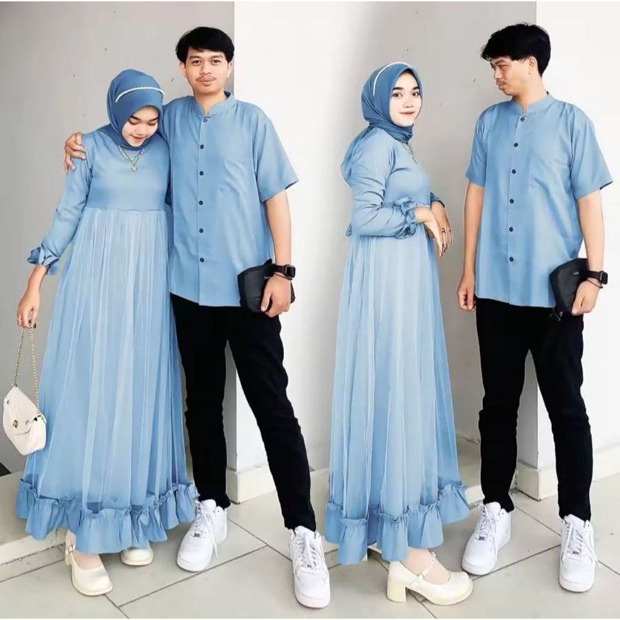 Baju Couple Mikella Set Pria Wanita Gamis Kemeja Suami Istri Pasangan Muslim Modis Terbaru