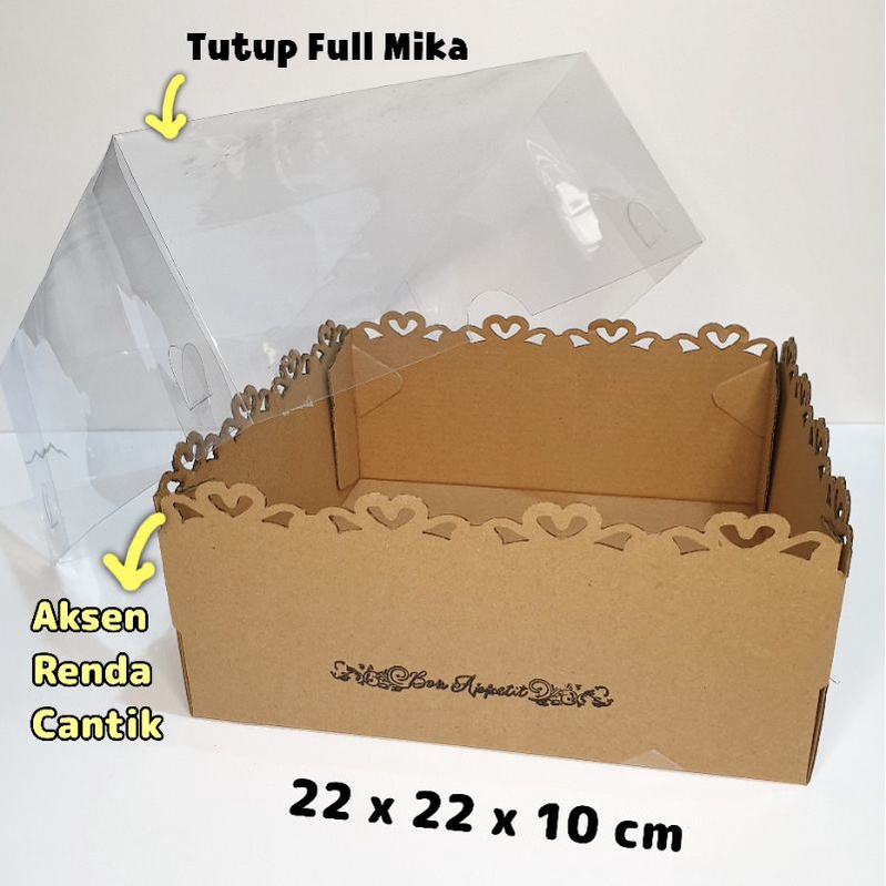 

Dus Kue Renda Tutup Mika 22 x 22 x 10 cm Cake Box Lace Full Mika Kotak Packaging