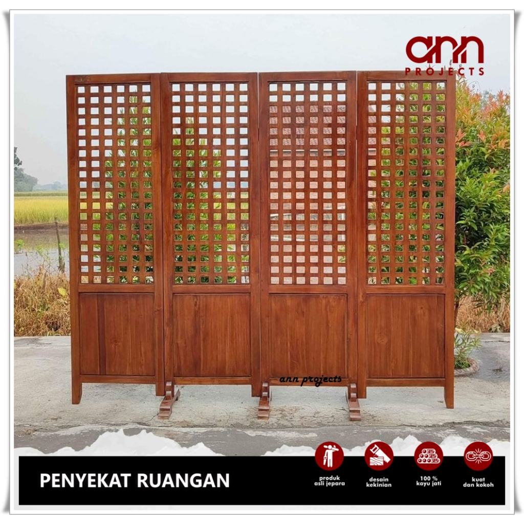 Partisi Penyekat Pembatas Ruangan Kayu Jati Lipat Model Minimalis Motif Kotak