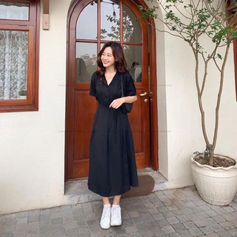 Midi dress | Dress polos | Dress casual hitam