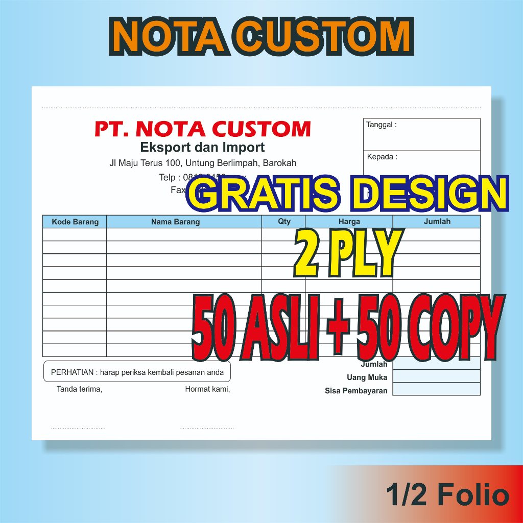 

Nota Custom 1/2 Folio 2 PLY Cetak Custom Nota Toko Laundry Kantor Cafe Warung