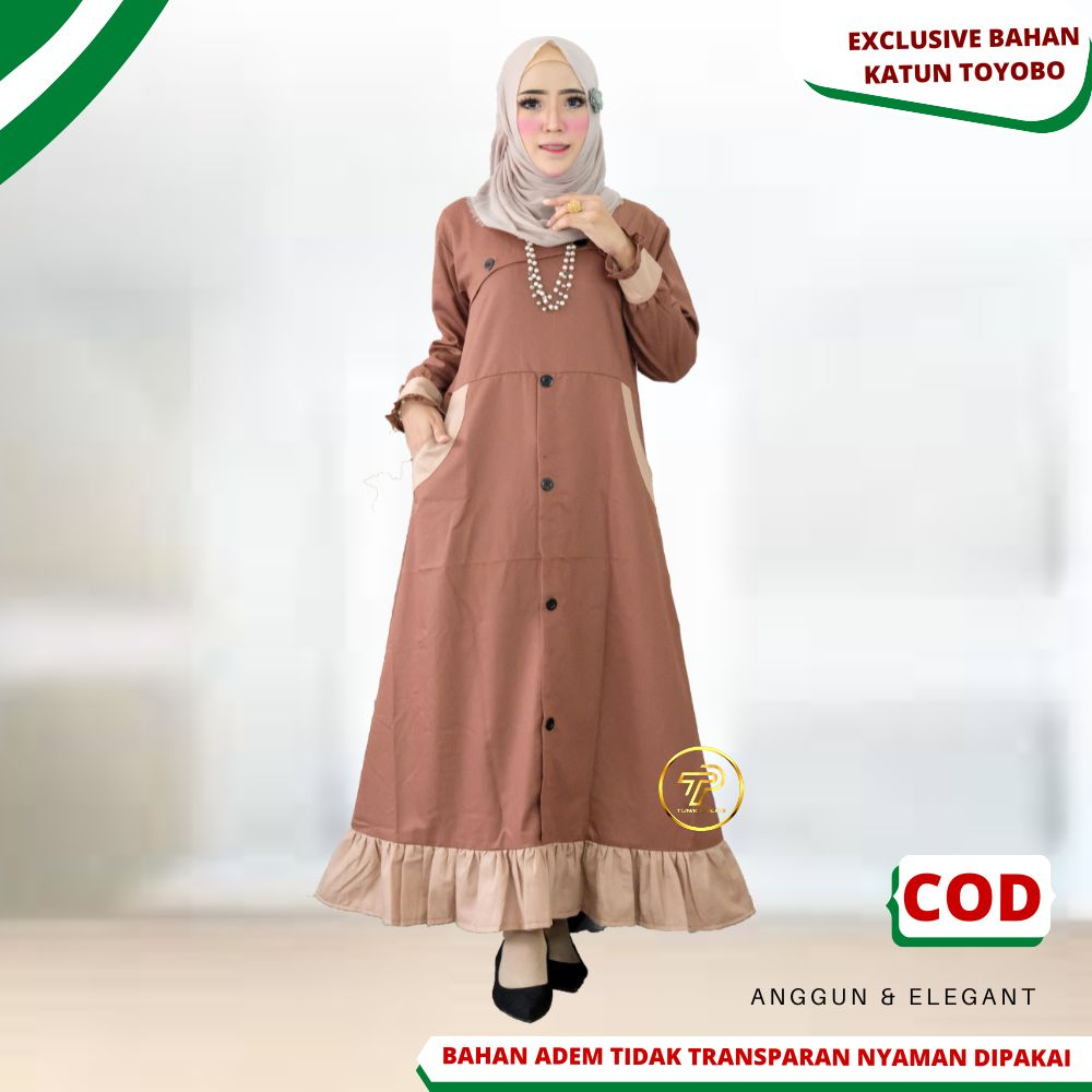 Baju Gamis Wanita Remaja Dewasa Terbaru Kekinian Bahan Katun Toyobo Premium Kombinasi 2 Warna A6