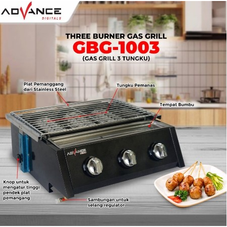 Kompor Grill Gas 3 Tungku Advance GBG 1003 BBQ Grill Pemanggang Sosis Pemanggang Daging