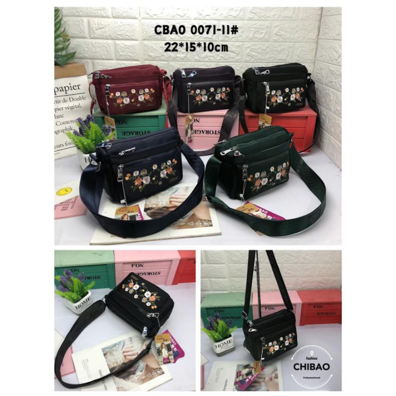 Chibao Tas Selempang Sandang Wanita Import Original Parasut Bordir Bunga 0071 B