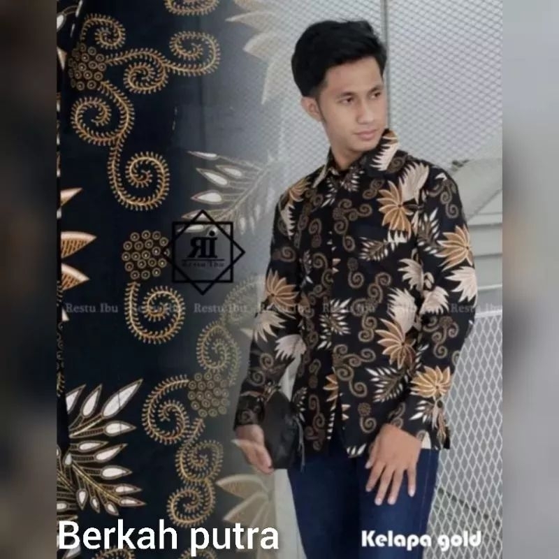 Kemeja lengan panjang pria dewasa motif kelapa gold / Kemeja batik toraja navy dan hitam