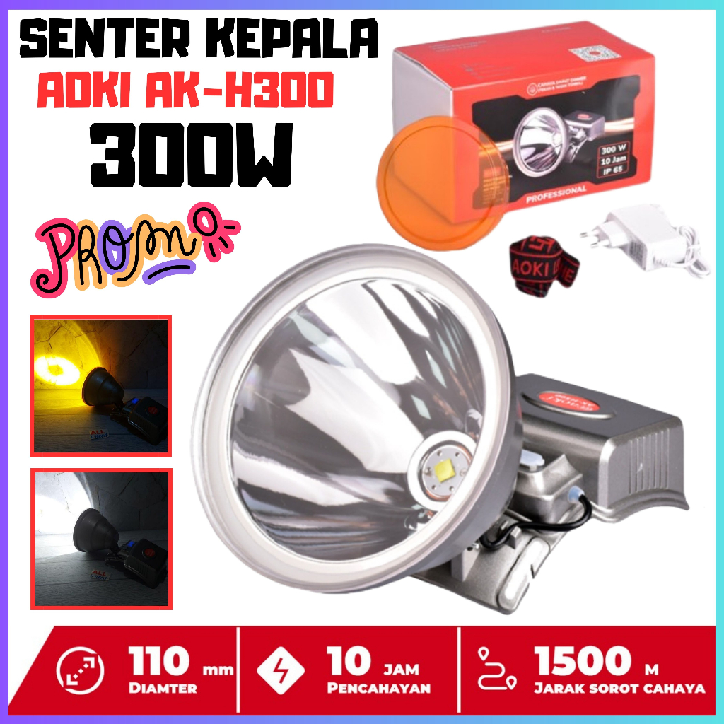 [ BISA COD ] HeadLamp / Senter Kepala AOKI AK-H300 300W Baterai 7800mAh | Senter Kepala Jumbo Led Ca