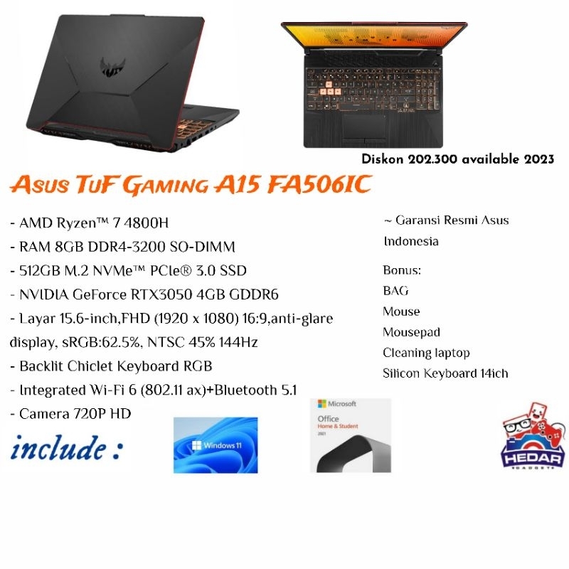 ASuS TUF F15 FX506HC i5 11400H 8GB 512GB RTX 3050 4GB W10 OHS 15 FHD