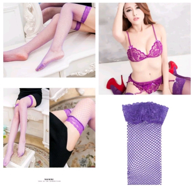 K211074 Sexy Lingerie Bra Set Ungu Garter Dan Stocking Jaring Full Set - Bikini Tipis Transparan - L