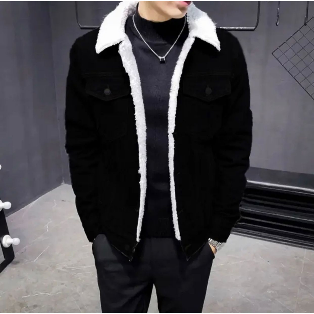 Jacket jeans denim sherpa bulu BLACK limited edtion jacket pria kasual elegan MM_STORE
