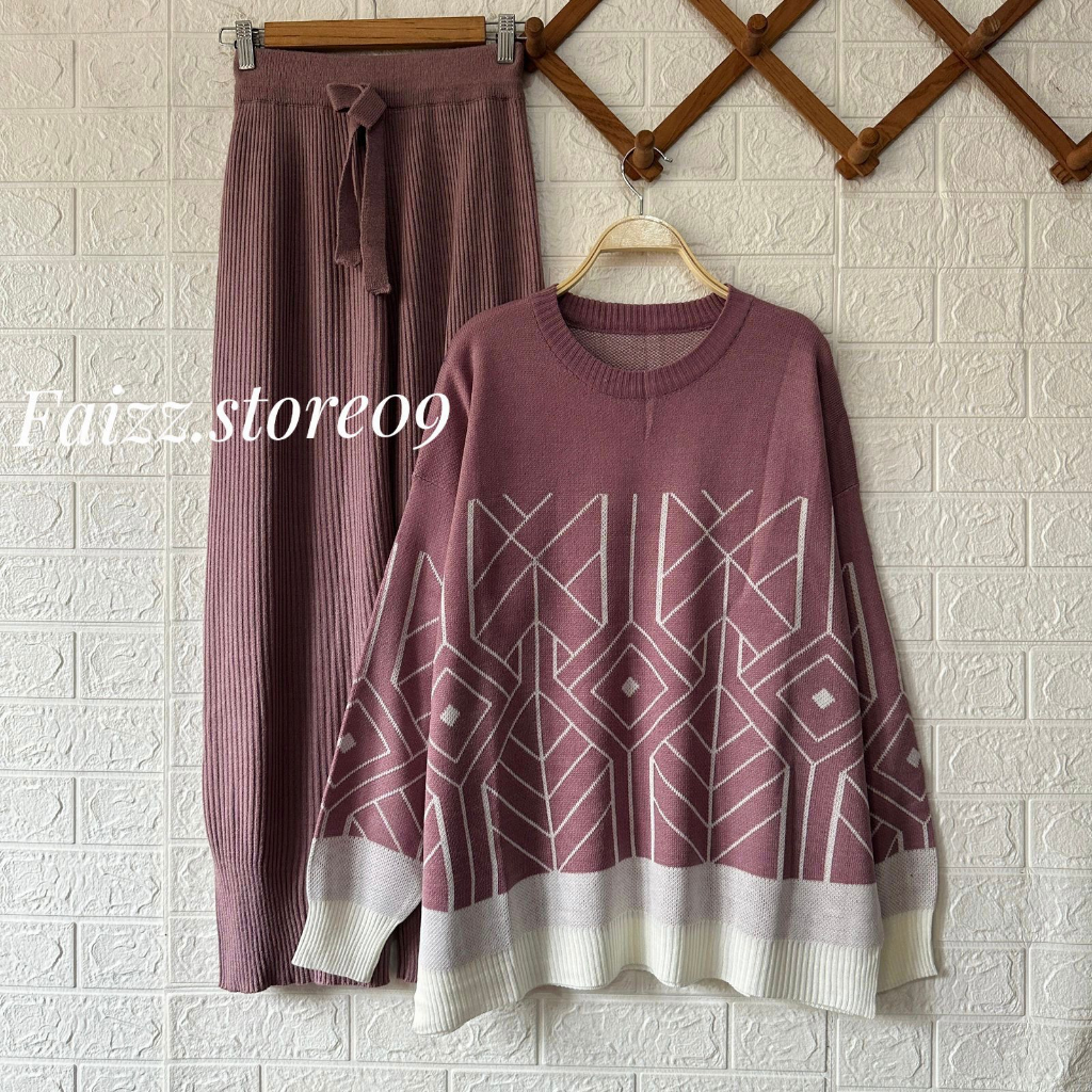 Oneset Sweater Rajut Raize Setelan Celana Kulot Wanita / Atasan Rajut Import