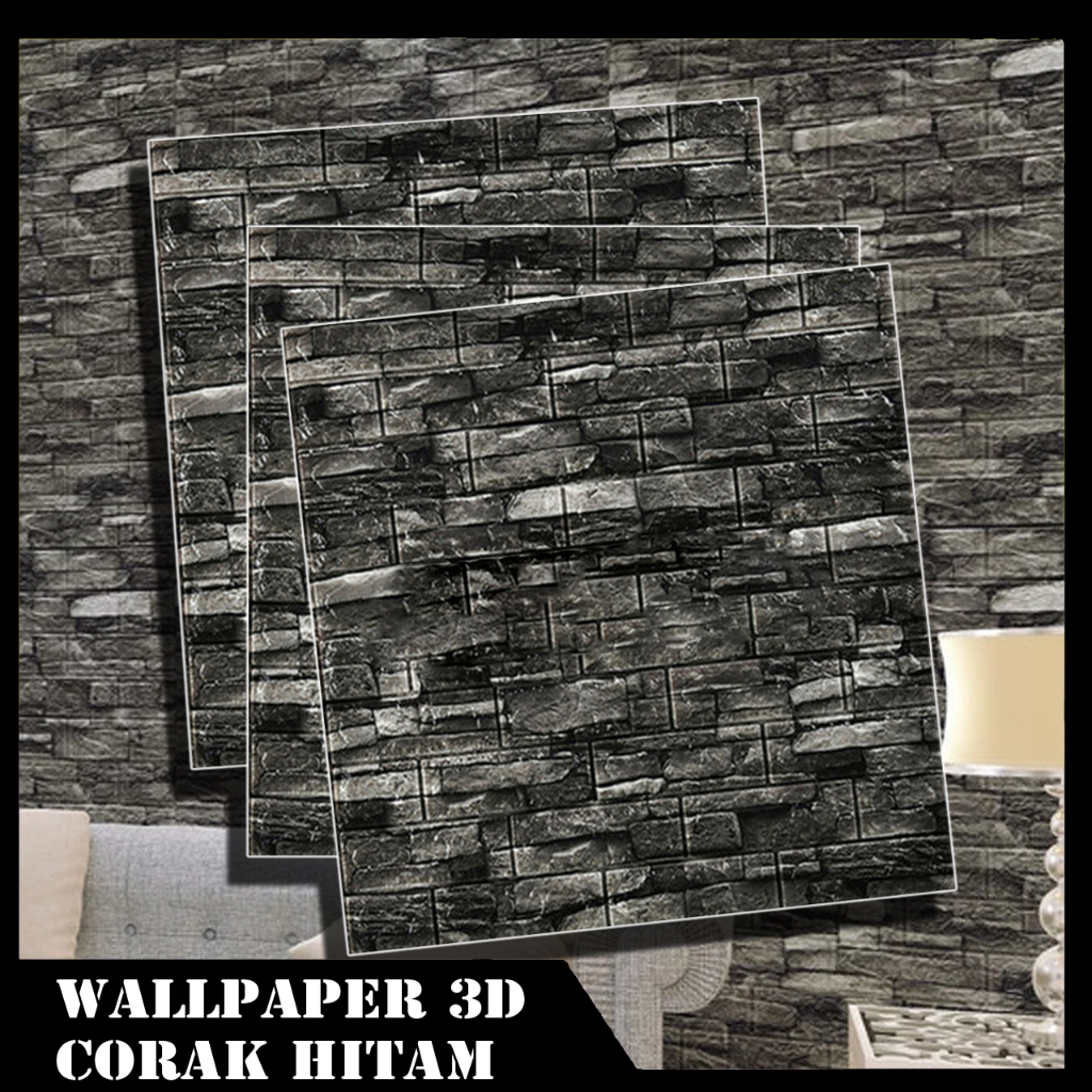 Wallpaper Dinding 3D Foam Batu Alam Corak Hitam