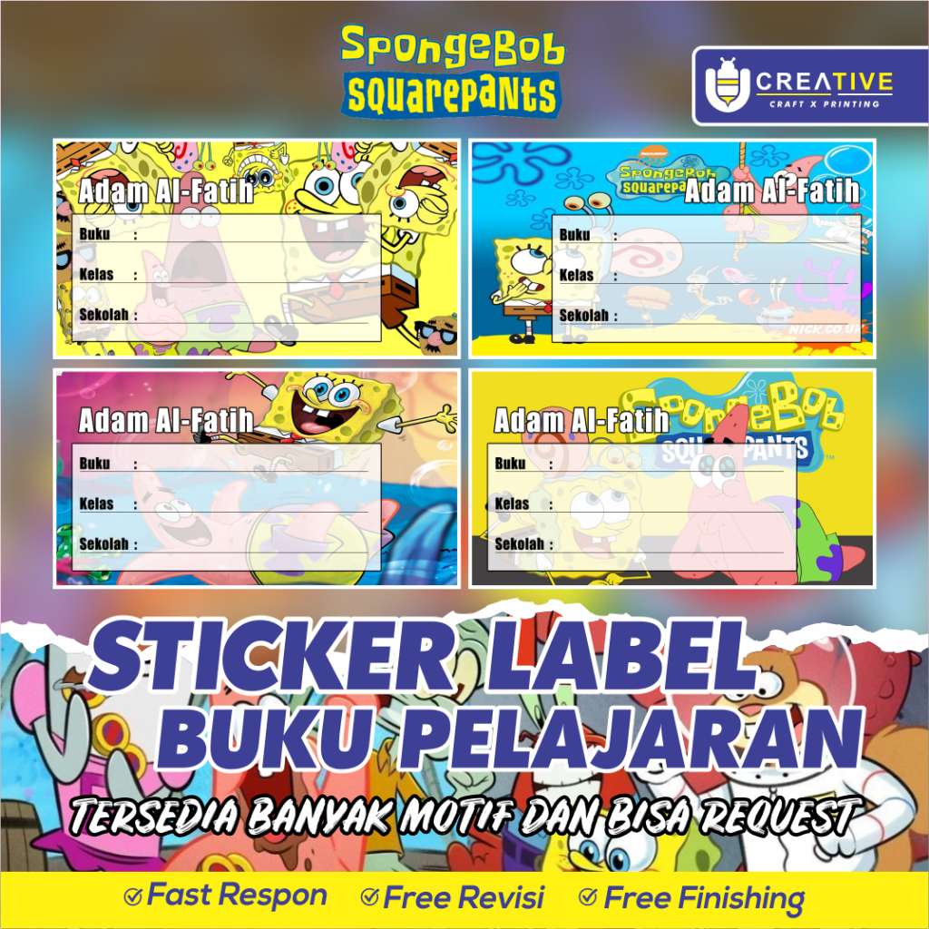 

Sticker / Label Buku Pelajaran Bisa Custom Nama (Isi 20pcs) Tema Spongebob