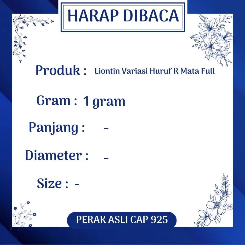 Liontin Variasi Huruf R Mata Full, Sepuh Emas Putih/Kuning, Perak 925