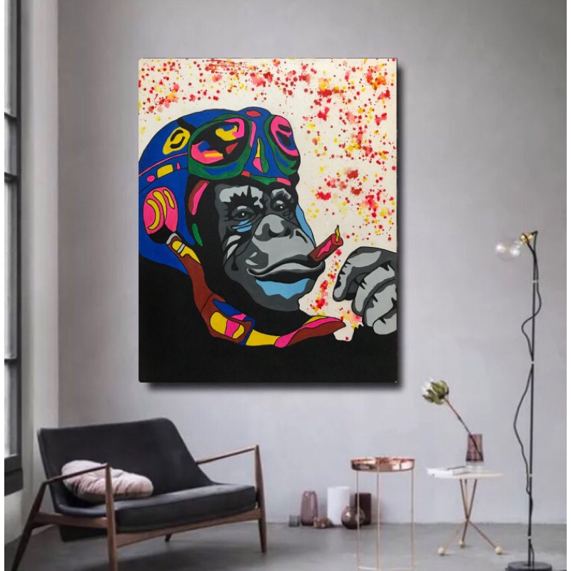 Lukisan Monyet Pop Art, Lukisan Astetic, Lukisan Kanvas, Hiasan Dinding, Ukuran 100 x 120cm, 100% Bu