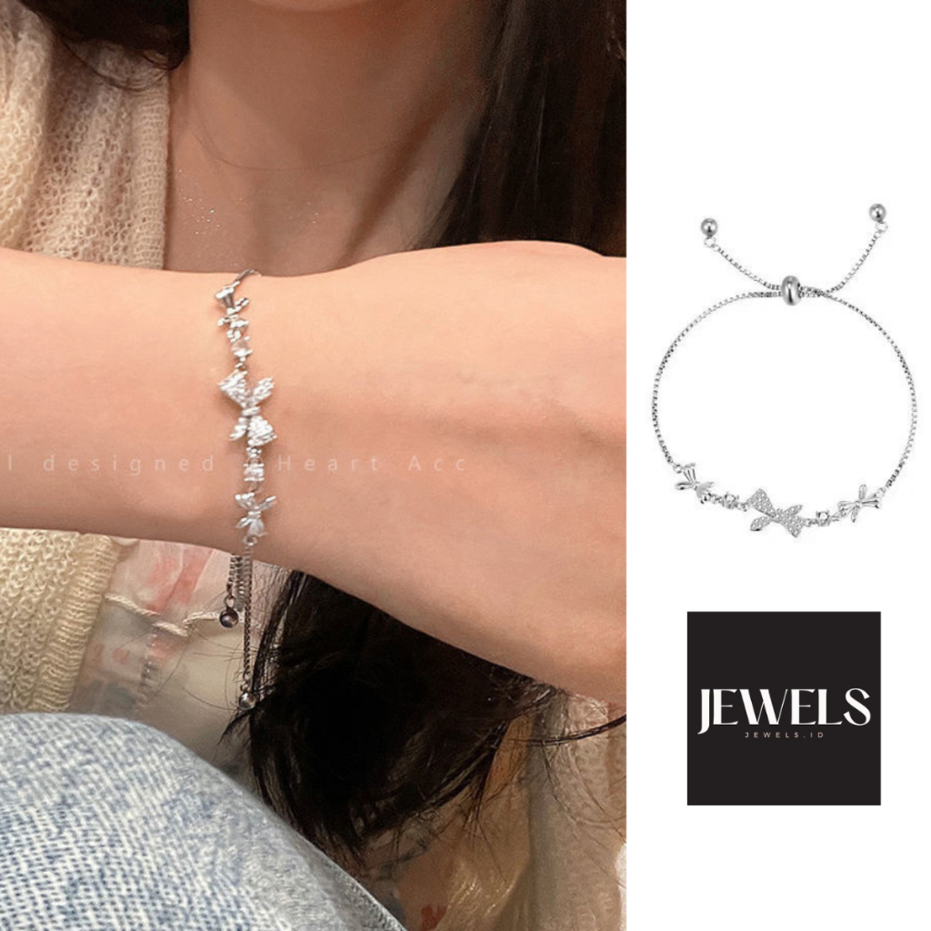 Gelang Kristal Perak Wanita Aesthetic Korea Lucu Asli Bracelet Bangle Kupu Kupu Estetik Putih Swarov