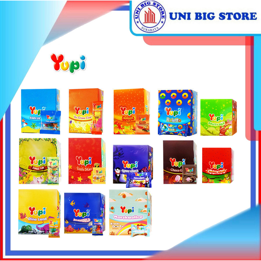 

Yupi Permen Jelly Gummy Candy Baby Bears - Ice Cream Cone - Burger - Jungle Fun - Little Star - Gummy Fangs - Seaworld - Dino Land - Choco Glee - Roletto - Marshmellow BOX