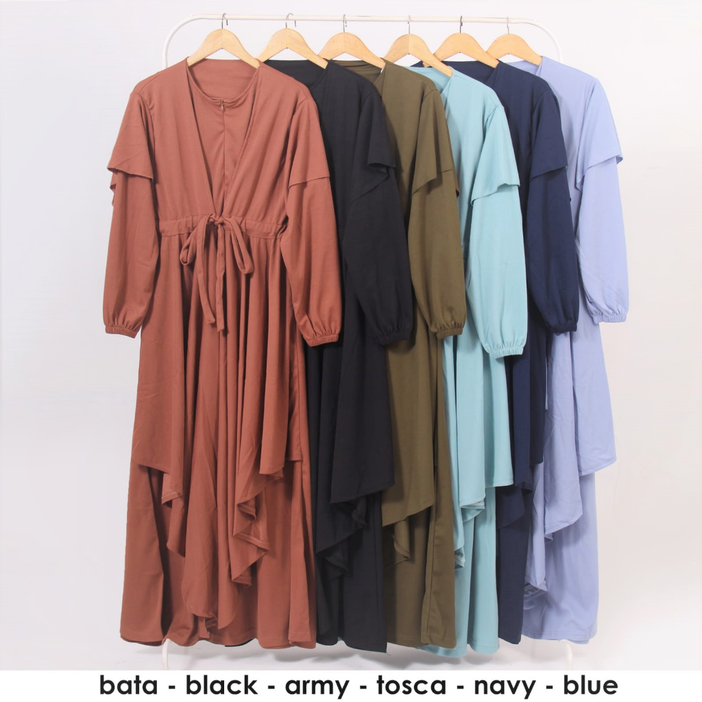 Gamis busui mayung rok ruffle mewah polos tali pinggang serut bahan voxy premium merk hf (197)