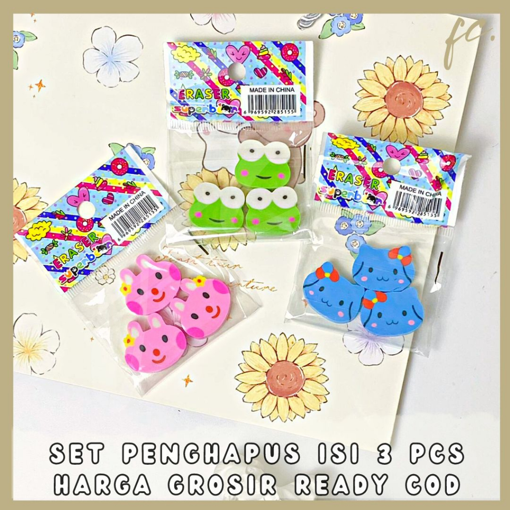 Set 3 Pcs Penghapus Karet / Rubber Eraser Karakter Kartun Kodok Kelinci Sanrio Hello Kitty Biru My Melody Keroppi Frog Kelinci Kucing Anjing Mini Alat Tulis ATK Grosir Lucu Hadiah Kado Bingkisan Grosir Ready COD