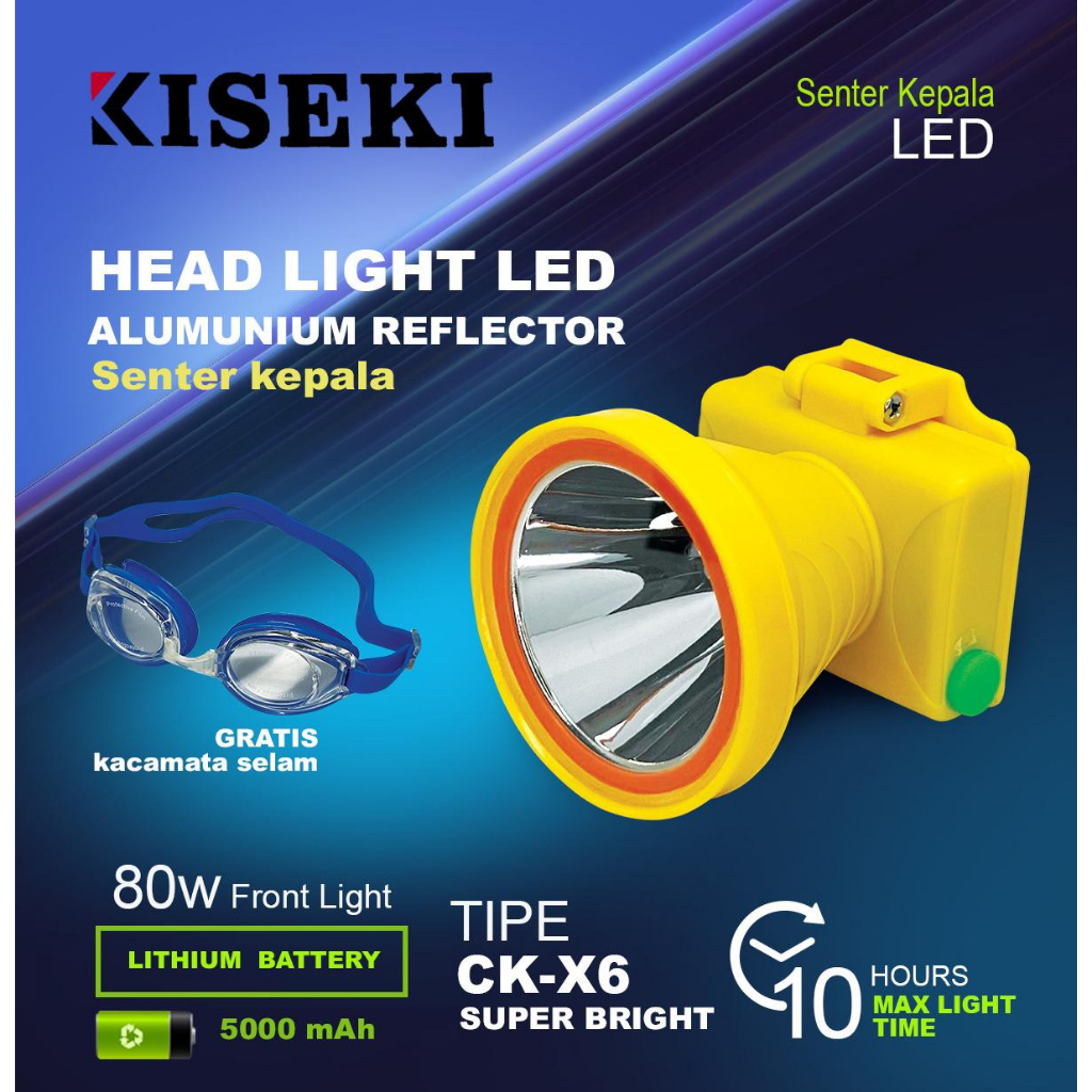 JUAL Senter kepala selam kiseki CK-X6 80 Watt cahaya putih Headlamp Bonus kacamata selam