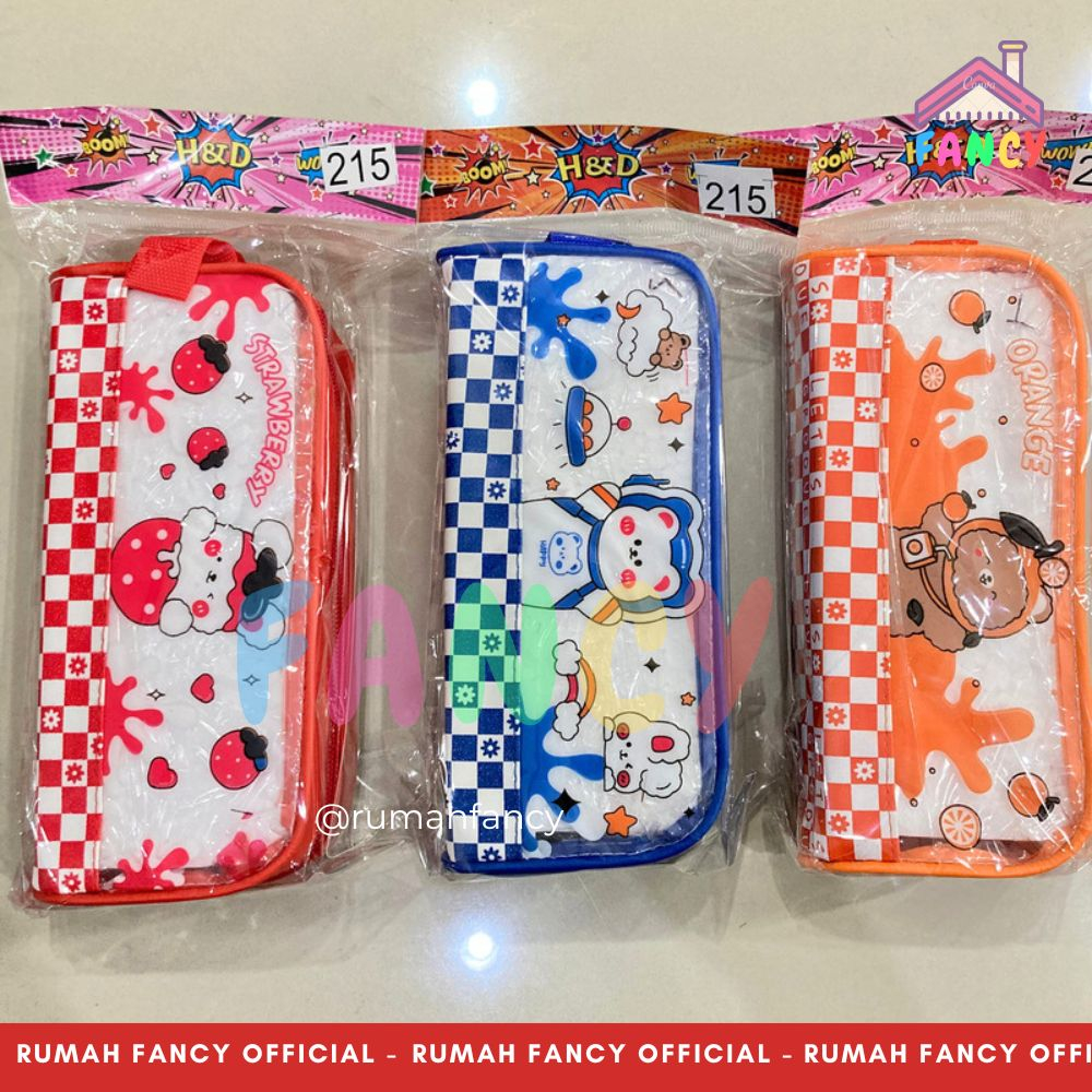 

Tempat Pensil Kain Sleting + Kantong Belakang HD 215 Motif Bear Astronout Stroberi Orange Transarant Mika Lucu Unik Murah